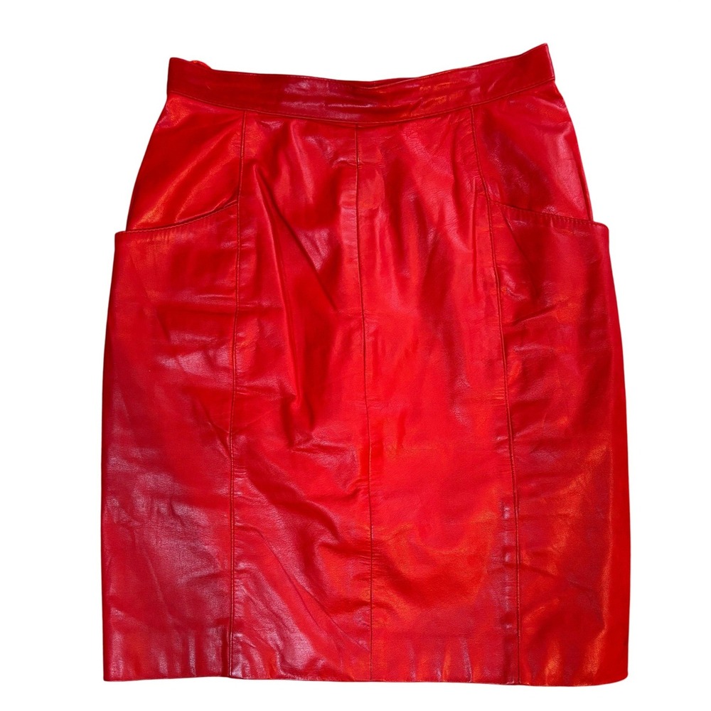 Red Leather Skirt 2 Hannah Pang Vintage Mini Pencil High Waisted Pockets